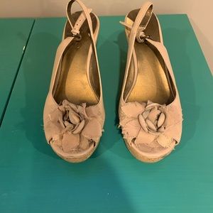 Tan leather and cork strappy platform heel with roses on the toes